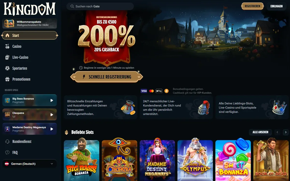 Kingdom Casino — Startseite und Spiellobby