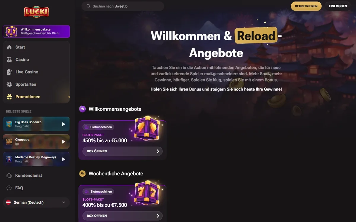 Lucki Casino — Startseite und Spiellobby