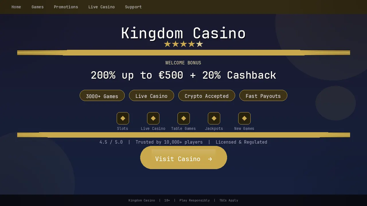 Kingdom Casino Plattform-Übersicht mit Bonusangebot und Spielauswahl