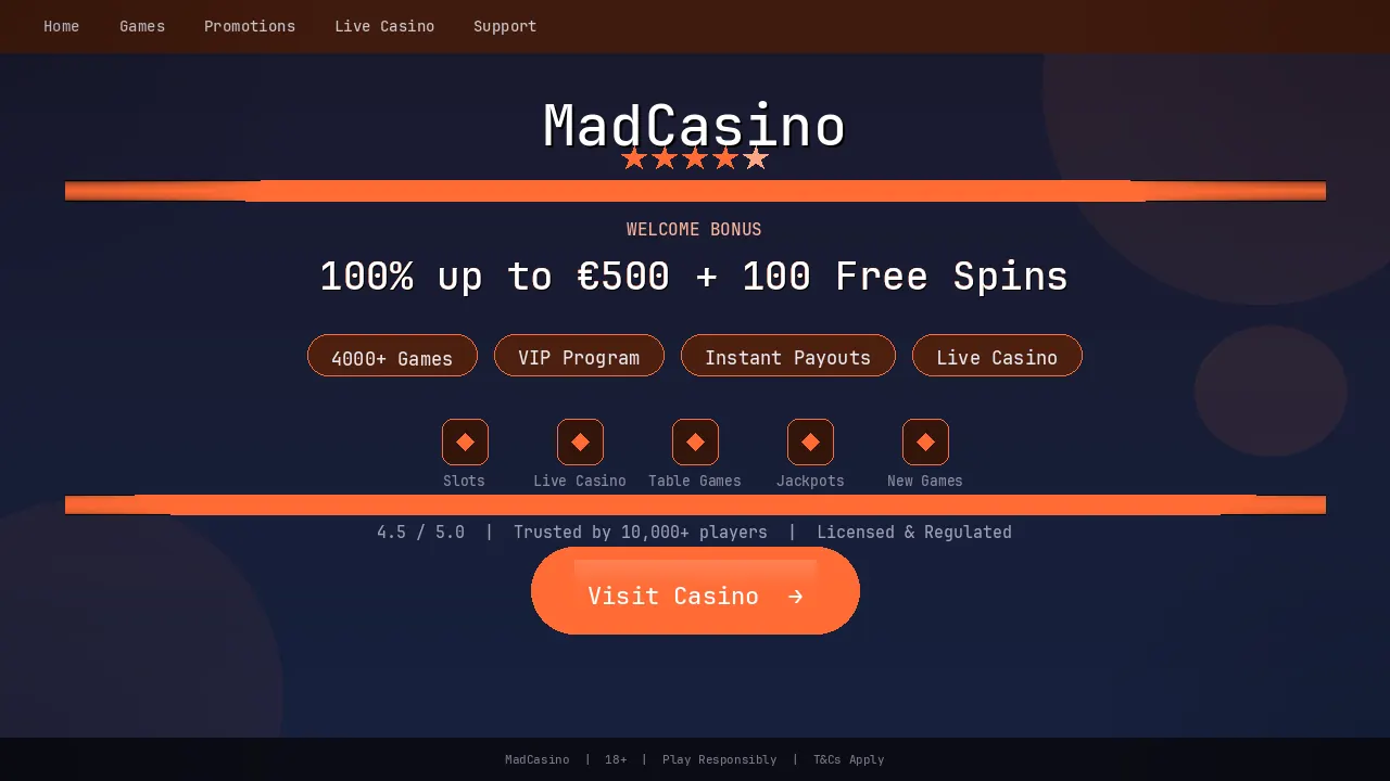 MadCasino Plattform-Übersicht mit Bonusangebot und Spielauswahl
