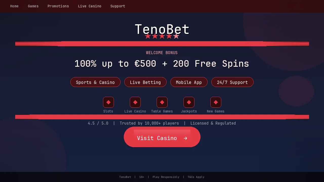 TenoBet Plattform-Übersicht mit Bonusangebot und Spielauswahl