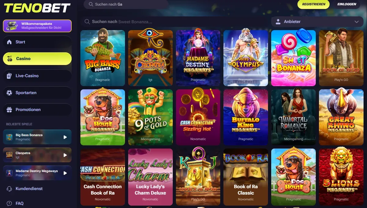 TenoBet — Startseite und Spiellobby